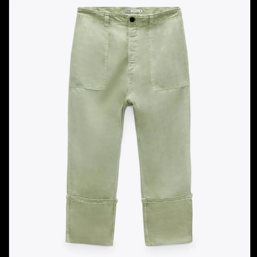 Zara Green Linen Blend Turned Up Cuff Pants